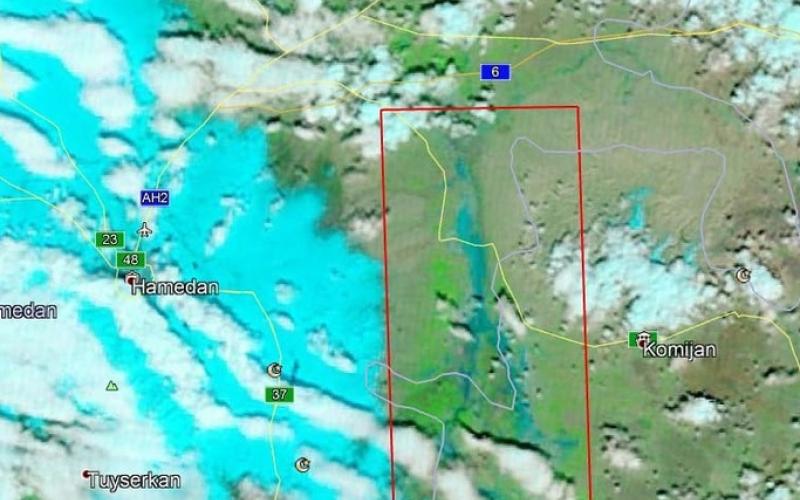 به استناد تصاویر ماهواره‌ای؛ سیل در شرق شهر همدان، بین کبودرآهنگ تا خنداب در حال وقوع است