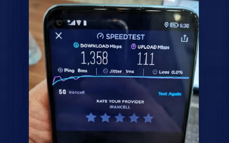 تست سرعت ۱۳۵۸ مگابیتی شبکه‌ی 5G ایرانسل در امیرآباد تهران